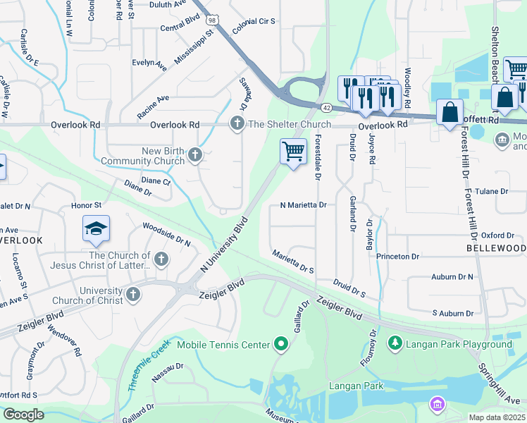 map of restaurants, bars, coffee shops, grocery stores, and more near 1259 Marietta Dr W in Mobile