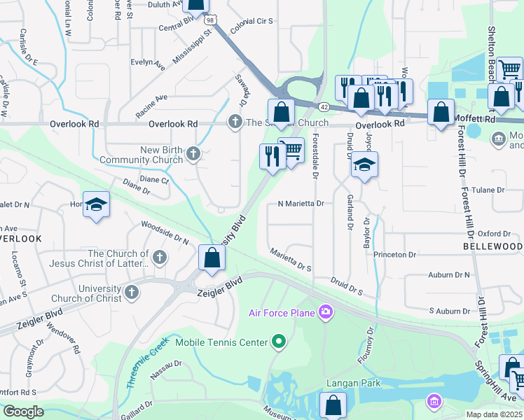 map of restaurants, bars, coffee shops, grocery stores, and more near 1263 Marietta Drive South in Mobile