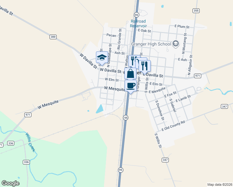 map of restaurants, bars, coffee shops, grocery stores, and more near 103 West Mesquite in Granger