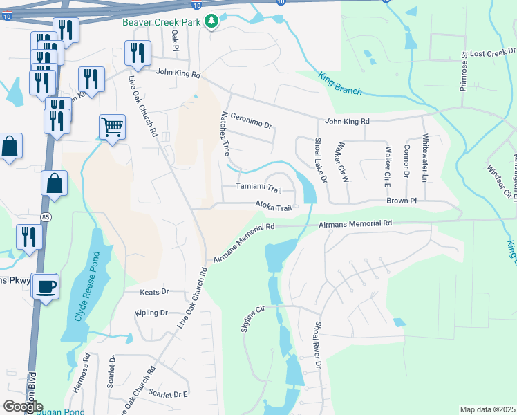 map of restaurants, bars, coffee shops, grocery stores, and more near 2826 Atoka Trail in Crestview