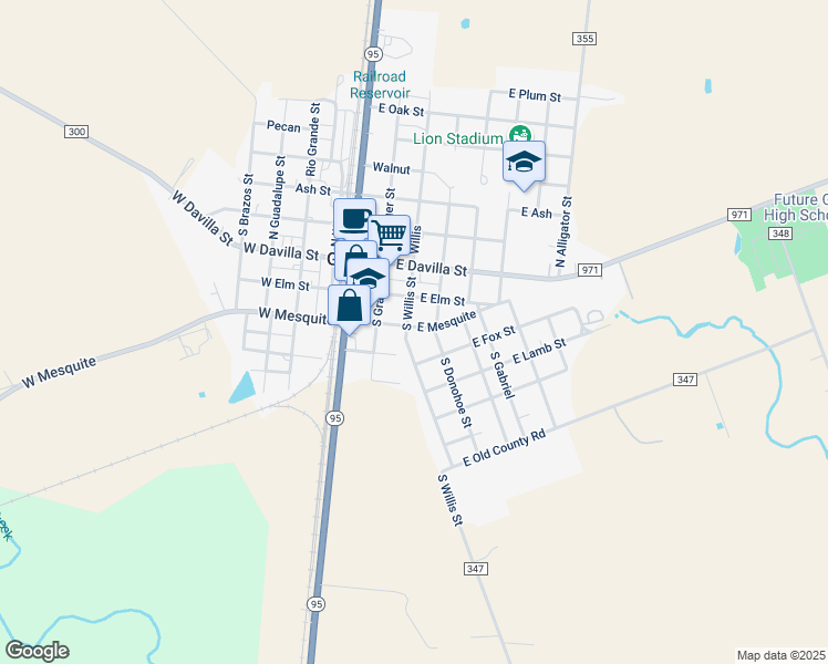 map of restaurants, bars, coffee shops, grocery stores, and more near 208 South Donohoe Street in Granger