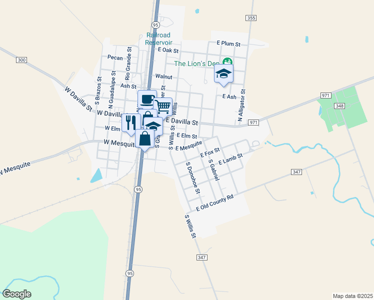 map of restaurants, bars, coffee shops, grocery stores, and more near 208 South Donohoe Street in Granger