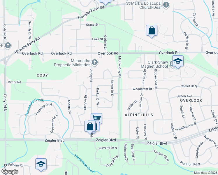 map of restaurants, bars, coffee shops, grocery stores, and more near 6453 Barker Drive North in Mobile