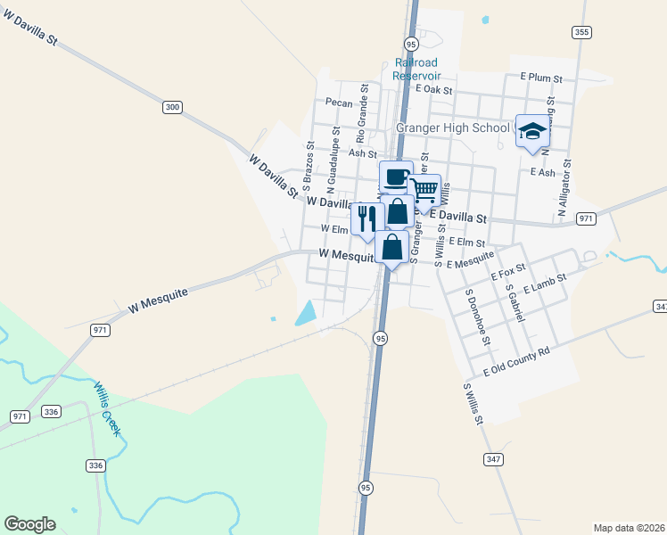 map of restaurants, bars, coffee shops, grocery stores, and more near 303 South Guadalupe Street in Granger