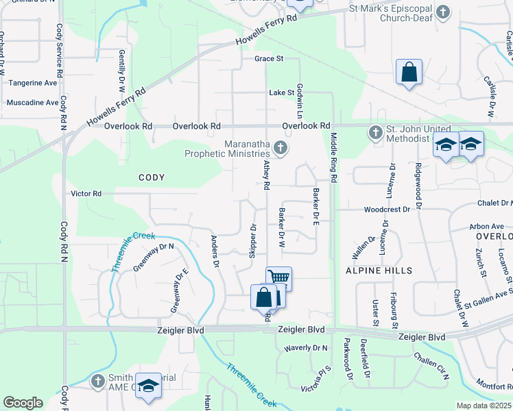 map of restaurants, bars, coffee shops, grocery stores, and more near 1303 Athey Road in Mobile