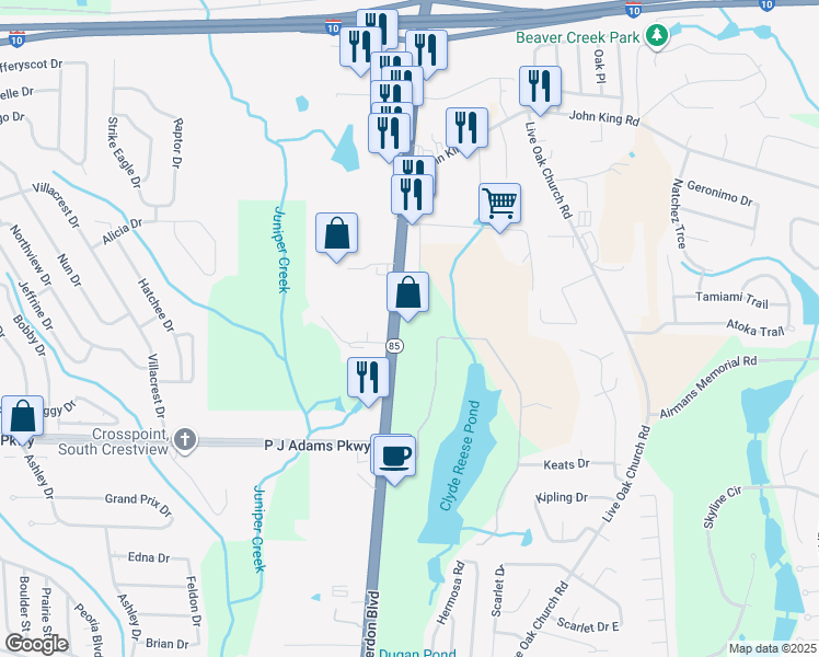 map of restaurants, bars, coffee shops, grocery stores, and more near 4387 South Ferdon Boulevard in Crestview
