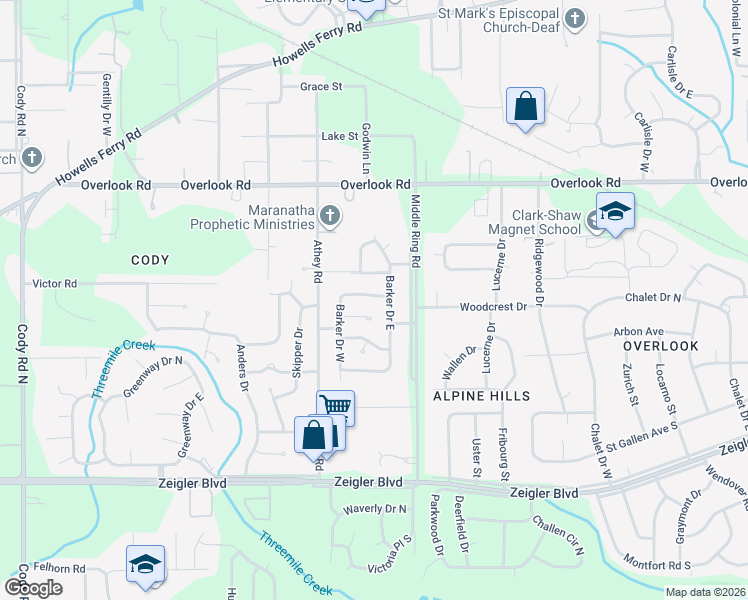 map of restaurants, bars, coffee shops, grocery stores, and more near 6453 Barker Drive North in Mobile