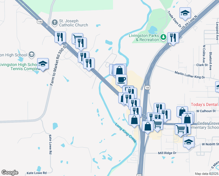 map of restaurants, bars, coffee shops, grocery stores, and more near 4616-4904 West Church Street in Livingston