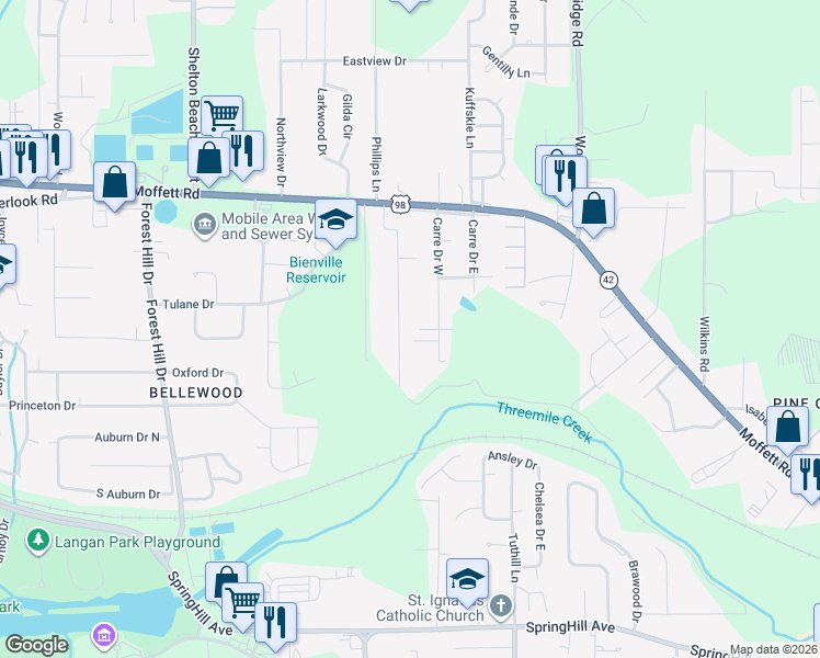 map of restaurants, bars, coffee shops, grocery stores, and more near 1200 Stevens Lane in Mobile