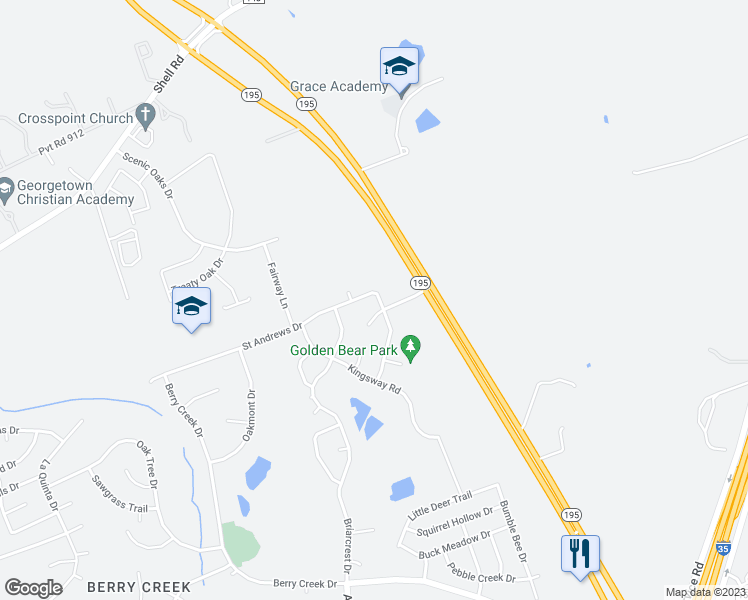 map of restaurants, bars, coffee shops, grocery stores, and more near 30618 Saint Andrews Drive in Georgetown