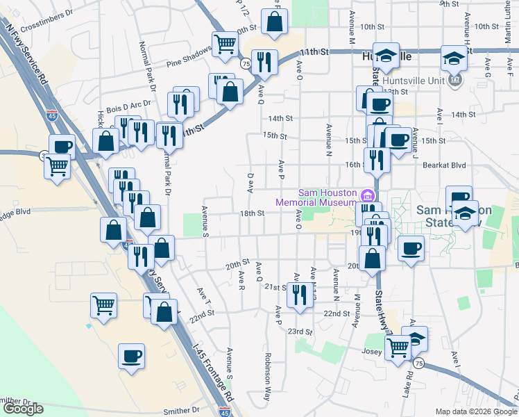 map of restaurants, bars, coffee shops, grocery stores, and more near 1728 18th Street in Huntsville