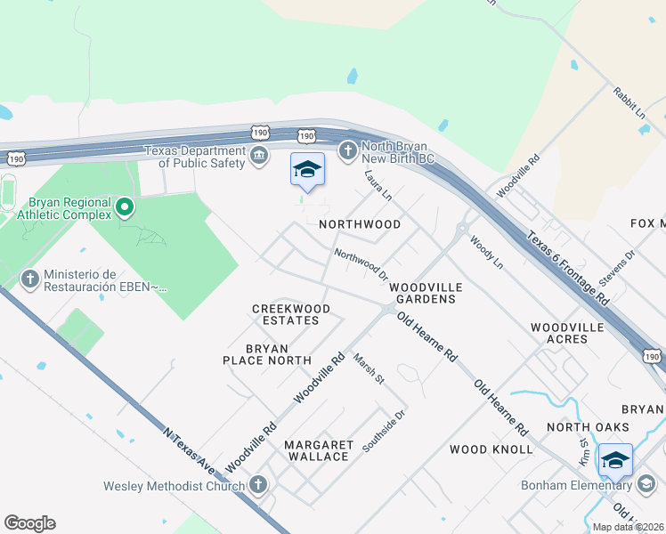 map of restaurants, bars, coffee shops, grocery stores, and more near 3004 Timberline Drive in Bryan
