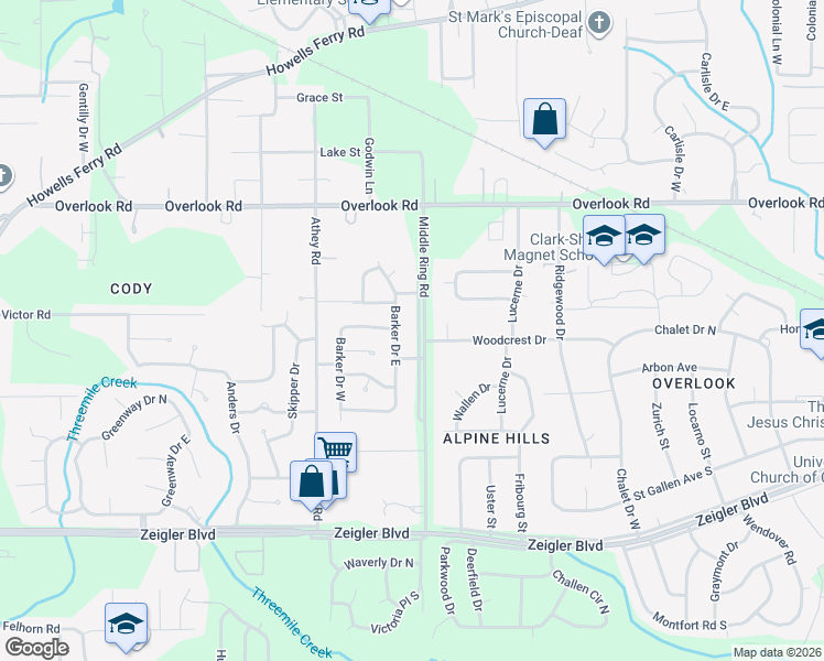 map of restaurants, bars, coffee shops, grocery stores, and more near 1309 Middle Ring Road in Mobile