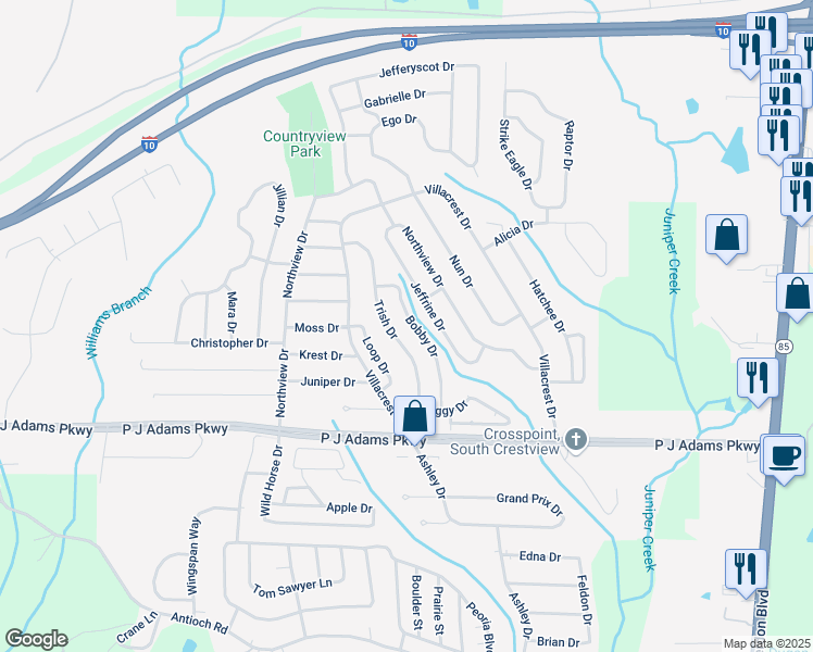 map of restaurants, bars, coffee shops, grocery stores, and more near 413 Bobby Drive in Crestview