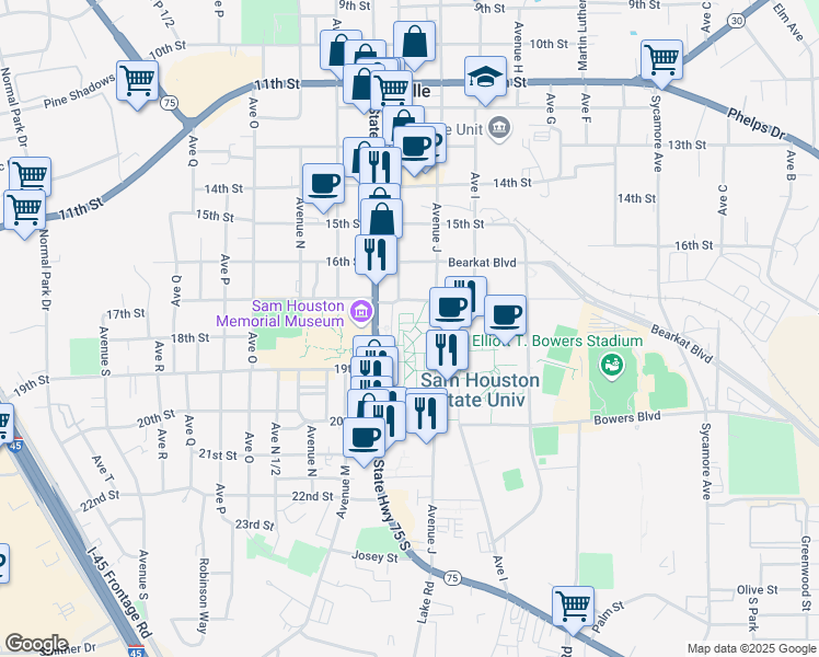 map of restaurants, bars, coffee shops, grocery stores, and more near 1741 University Avenue in Huntsville