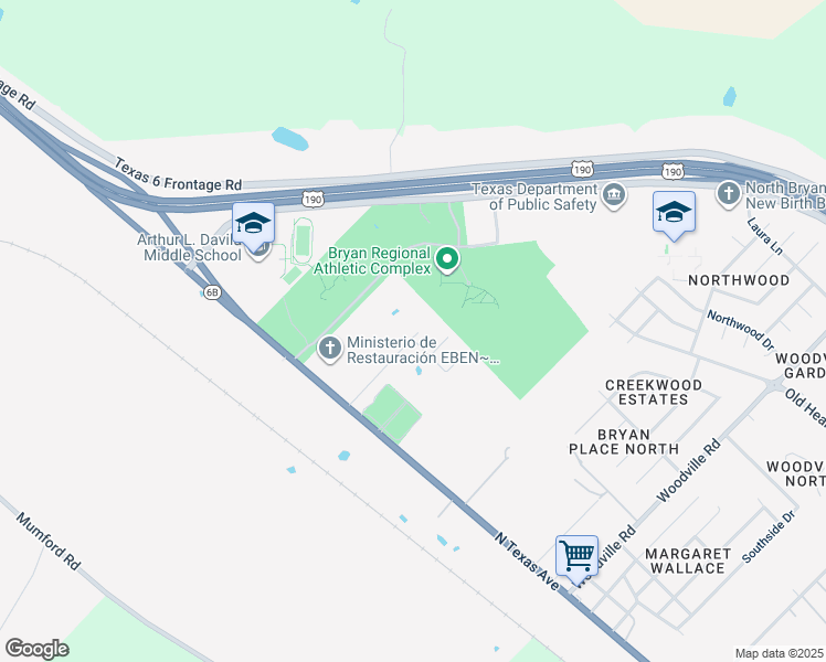 map of restaurants, bars, coffee shops, grocery stores, and more near 2109 Oakwood Forest Drive in Bryan