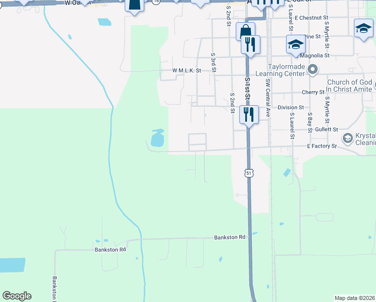 map of restaurants, bars, coffee shops, grocery stores, and more near 350 West Factory Street in Amite City