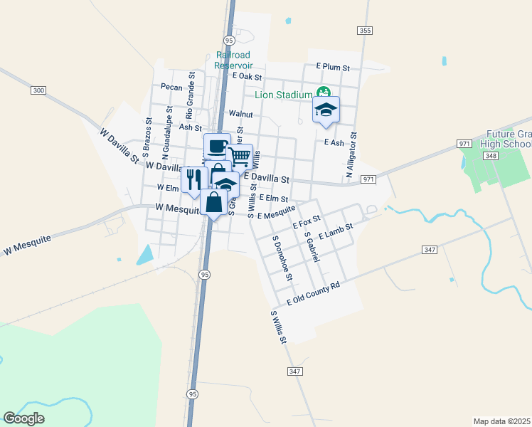 map of restaurants, bars, coffee shops, grocery stores, and more near 208 South Donohoe Street in Granger
