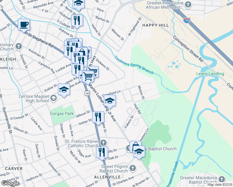 map of restaurants, bars, coffee shops, grocery stores, and more near 509 Avondale Court in Mobile