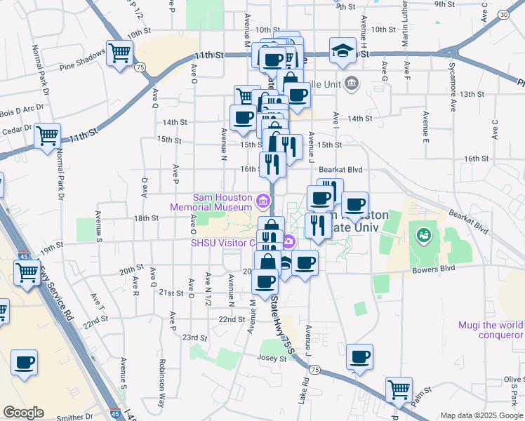 map of restaurants, bars, coffee shops, grocery stores, and more near 1863 South State Highway 75 in Huntsville