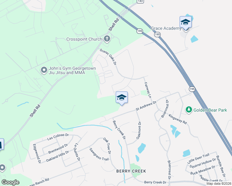 map of restaurants, bars, coffee shops, grocery stores, and more near 3610 Shell Road in Georgetown