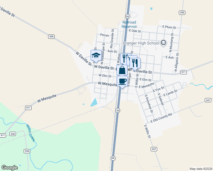 map of restaurants, bars, coffee shops, grocery stores, and more near 303 South Guadalupe Street in Granger