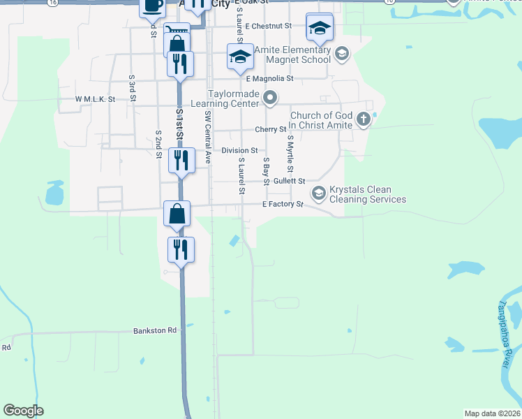 map of restaurants, bars, coffee shops, grocery stores, and more near 208 East Factory Street in Amite City