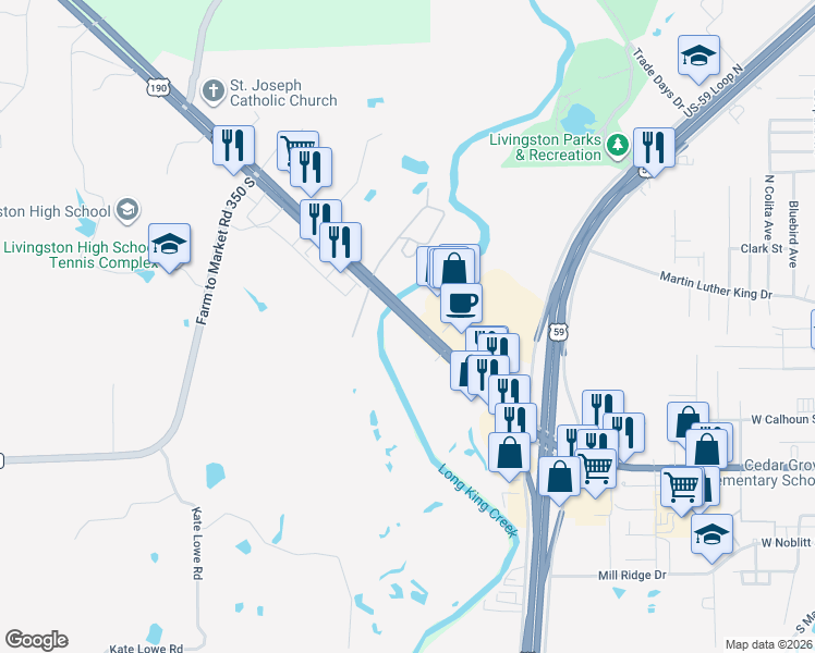 map of restaurants, bars, coffee shops, grocery stores, and more near 5367 U.S. 190 in Livingston