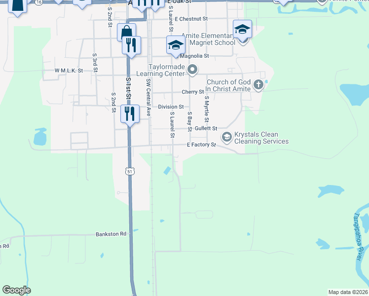 map of restaurants, bars, coffee shops, grocery stores, and more near 208 East Factory Street in Amite City