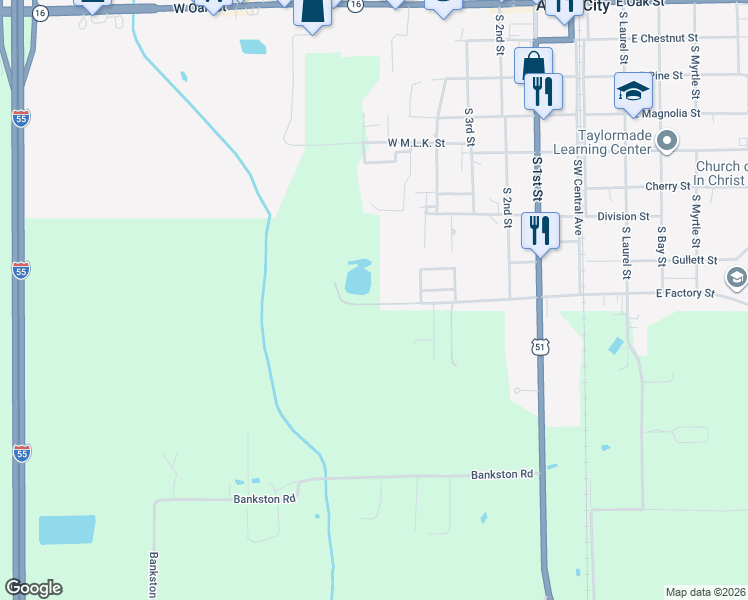 map of restaurants, bars, coffee shops, grocery stores, and more near 350-404 West Factory Street in Amite City