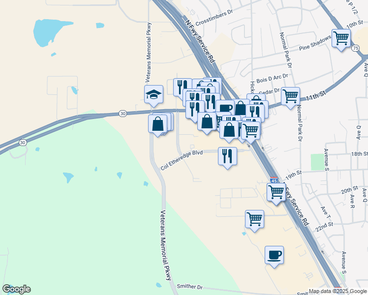 map of restaurants, bars, coffee shops, grocery stores, and more near 168 Col Etheredge Boulevard in Huntsville