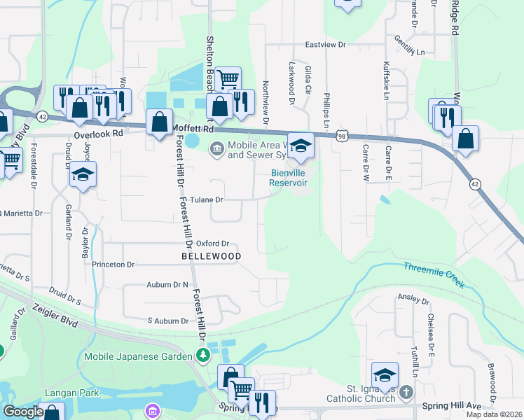 map of restaurants, bars, coffee shops, grocery stores, and more near 1254 Forest Glen Drive West in Mobile