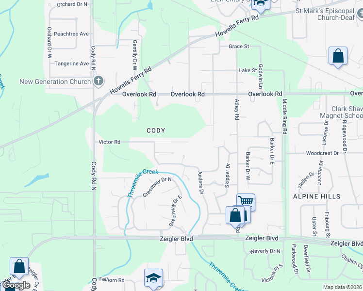 map of restaurants, bars, coffee shops, grocery stores, and more near 6757 Victor Road in Mobile