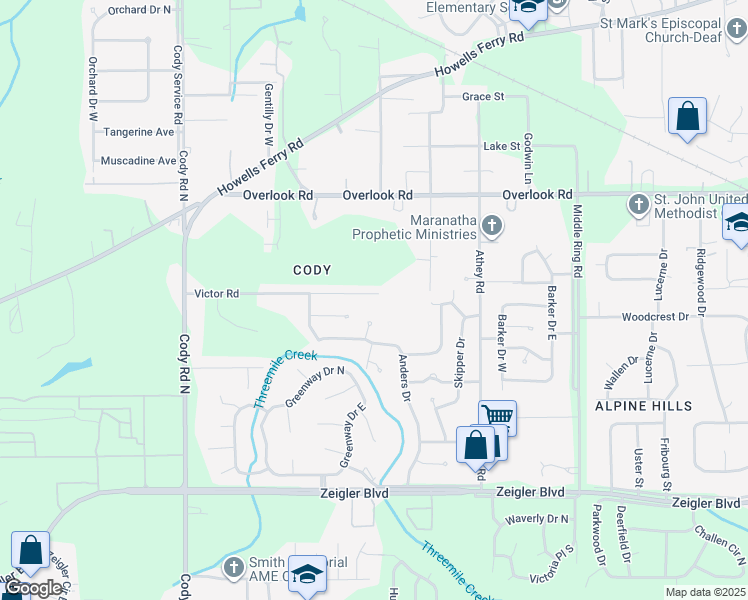 map of restaurants, bars, coffee shops, grocery stores, and more near 6755 Victor Road in Mobile