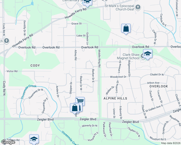 map of restaurants, bars, coffee shops, grocery stores, and more near 6452 North Barker Drive in Mobile