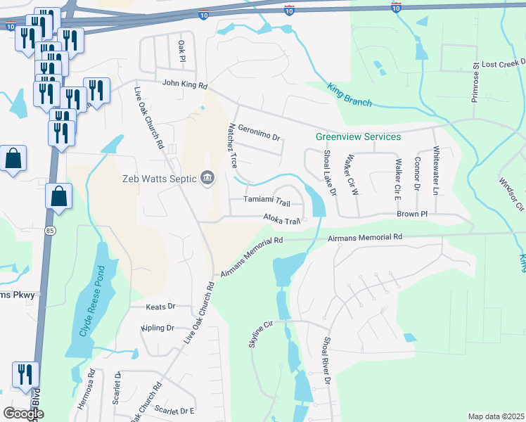 map of restaurants, bars, coffee shops, grocery stores, and more near 2823 Atoka Trail in Crestview