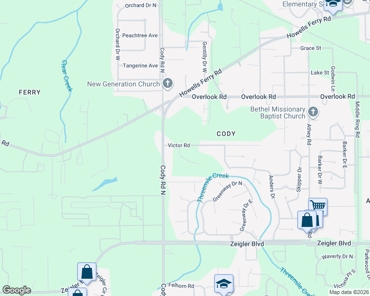map of restaurants, bars, coffee shops, grocery stores, and more near 7003 Victor Road in Mobile