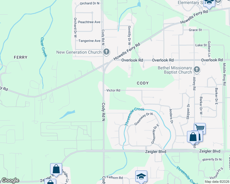 map of restaurants, bars, coffee shops, grocery stores, and more near 7003 Victor Road in Mobile