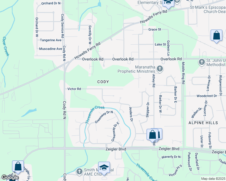map of restaurants, bars, coffee shops, grocery stores, and more near 6807 Victor Road in Mobile