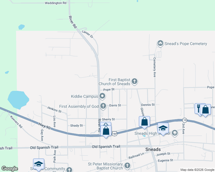 map of restaurants, bars, coffee shops, grocery stores, and more near 7958 Pope St in Sneads