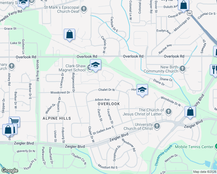 map of restaurants, bars, coffee shops, grocery stores, and more near 5858 Chalet Drive North in Mobile