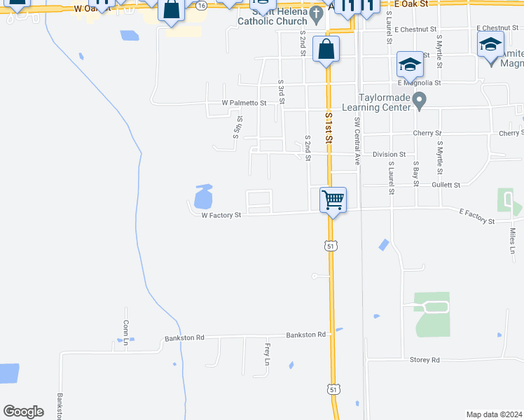 map of restaurants, bars, coffee shops, grocery stores, and more near 409 Dogwood Drive in Amite City