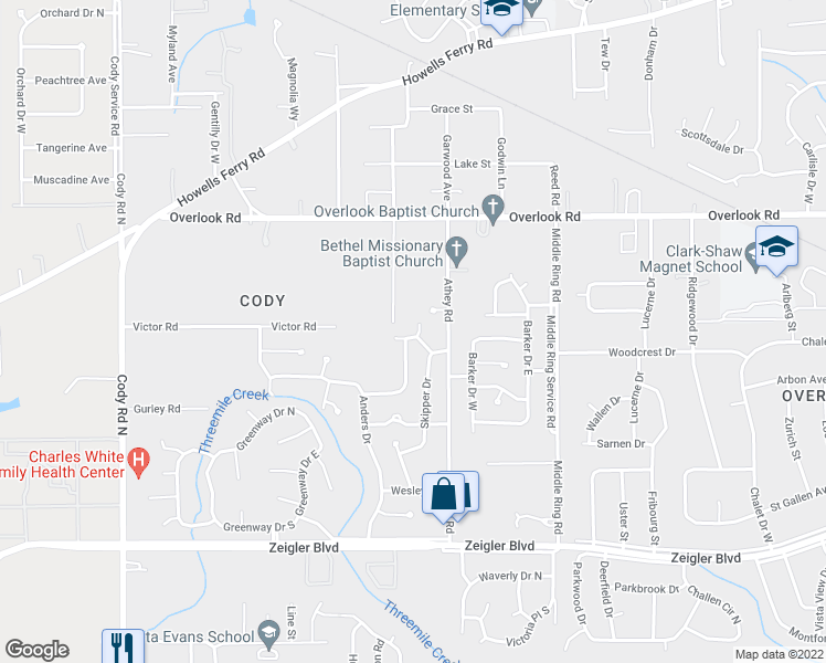 map of restaurants, bars, coffee shops, grocery stores, and more near 6600 Lori Drive East in Mobile