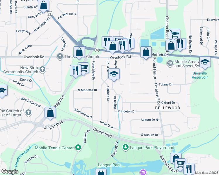 map of restaurants, bars, coffee shops, grocery stores, and more near 1300 Garland Drive in Mobile