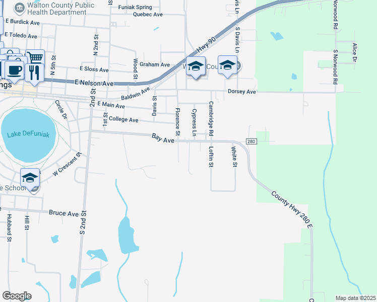 map of restaurants, bars, coffee shops, grocery stores, and more near 30 Lee Street in DeFuniak Springs