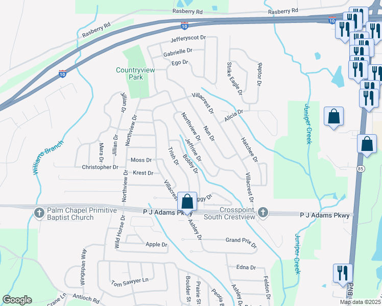 map of restaurants, bars, coffee shops, grocery stores, and more near 1323 Jeffrine Drive in Crestview