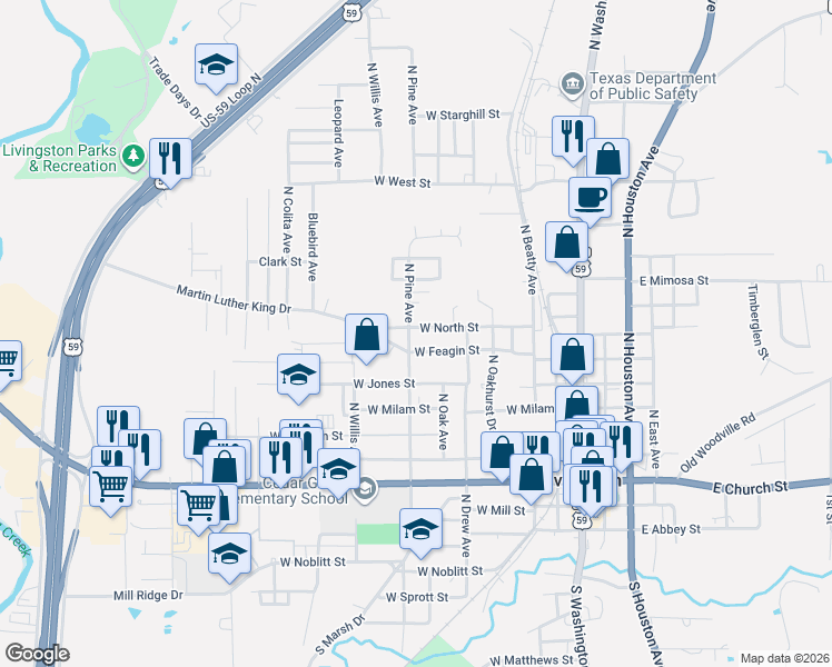 map of restaurants, bars, coffee shops, grocery stores, and more near 630 West Feagin Street in Livingston