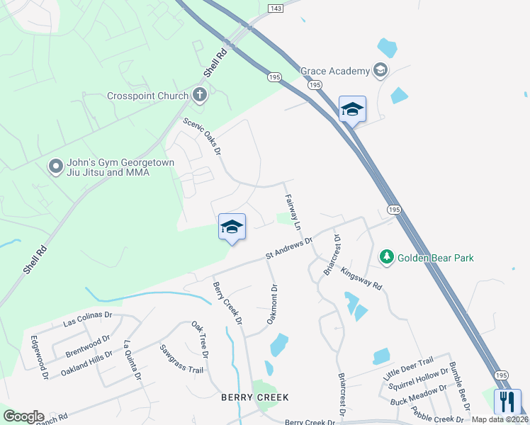 map of restaurants, bars, coffee shops, grocery stores, and more near 150 Fairway Lane in Georgetown