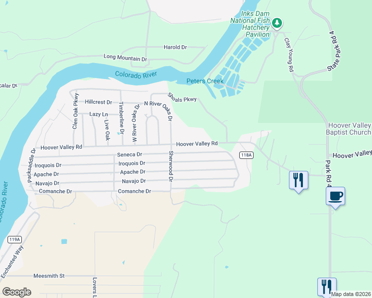 map of restaurants, bars, coffee shops, grocery stores, and more near 317 Seneca Drive in Burnet