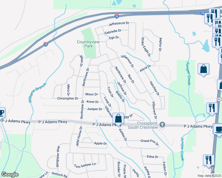 map of restaurants, bars, coffee shops, grocery stores, and more near 226 Trish Drive in Crestview